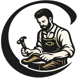 Christian Workshop logo, a leather craftsman at his bench inside a letter C.
